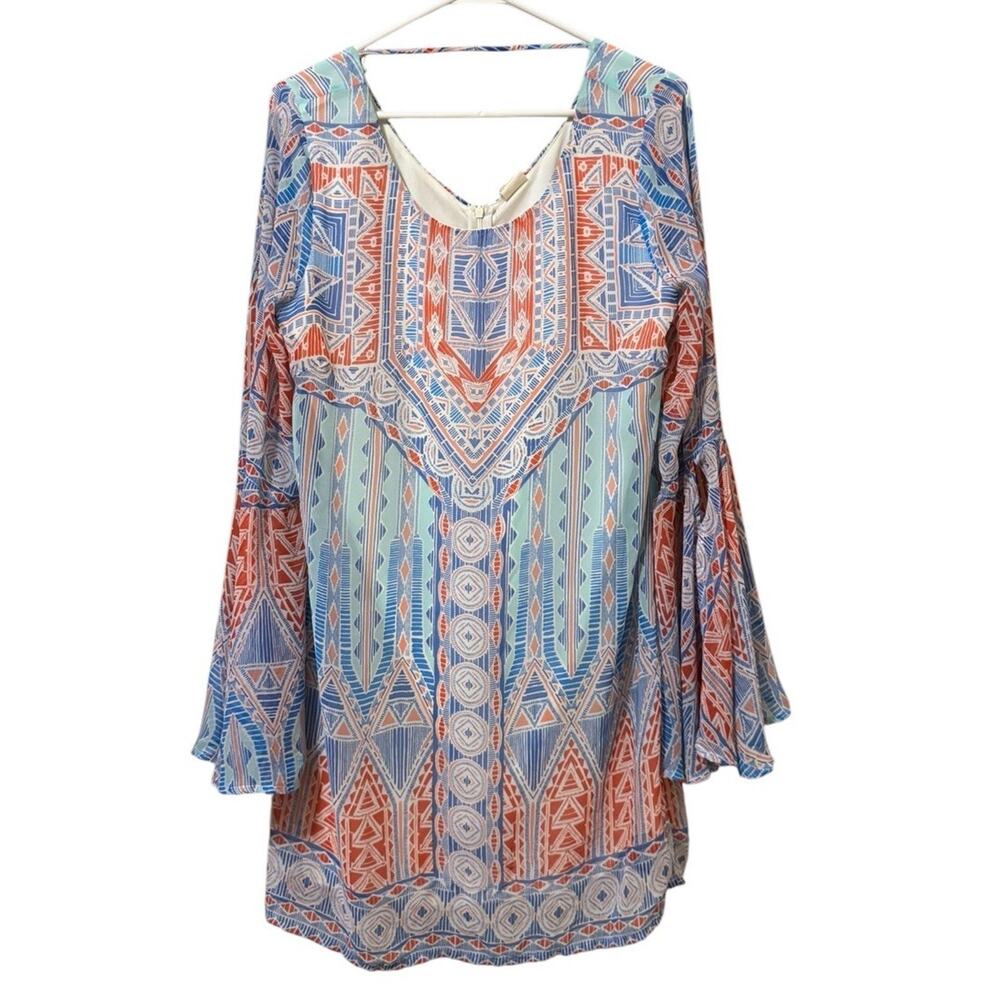 Pink Owl Women Sz Large Boho Style Dress‎ Zipper Flare Sleeves Lined Lightweight